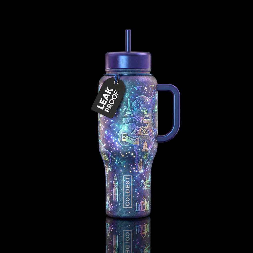 colorful travel the world glowy sparkle water bottle design