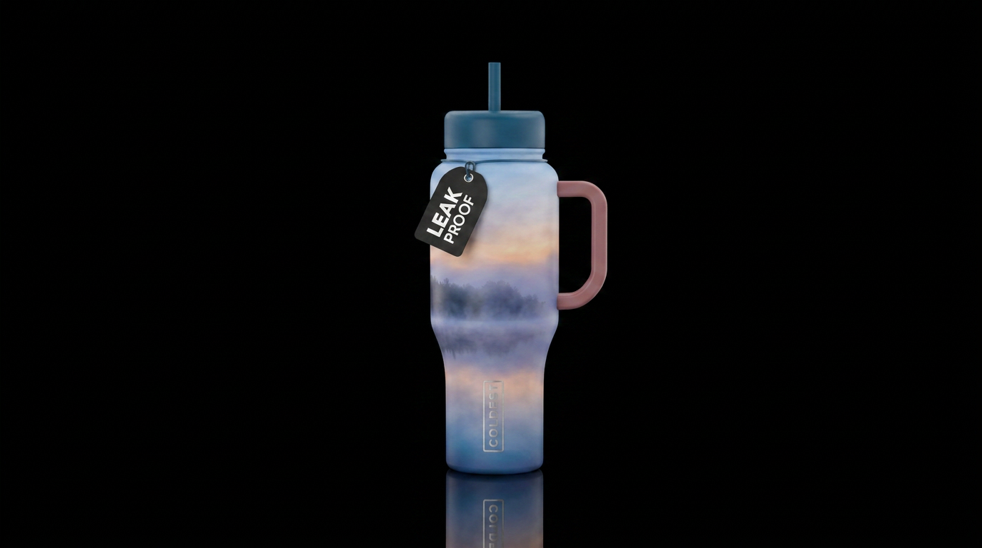 misty soft dreamy lake water bottle design