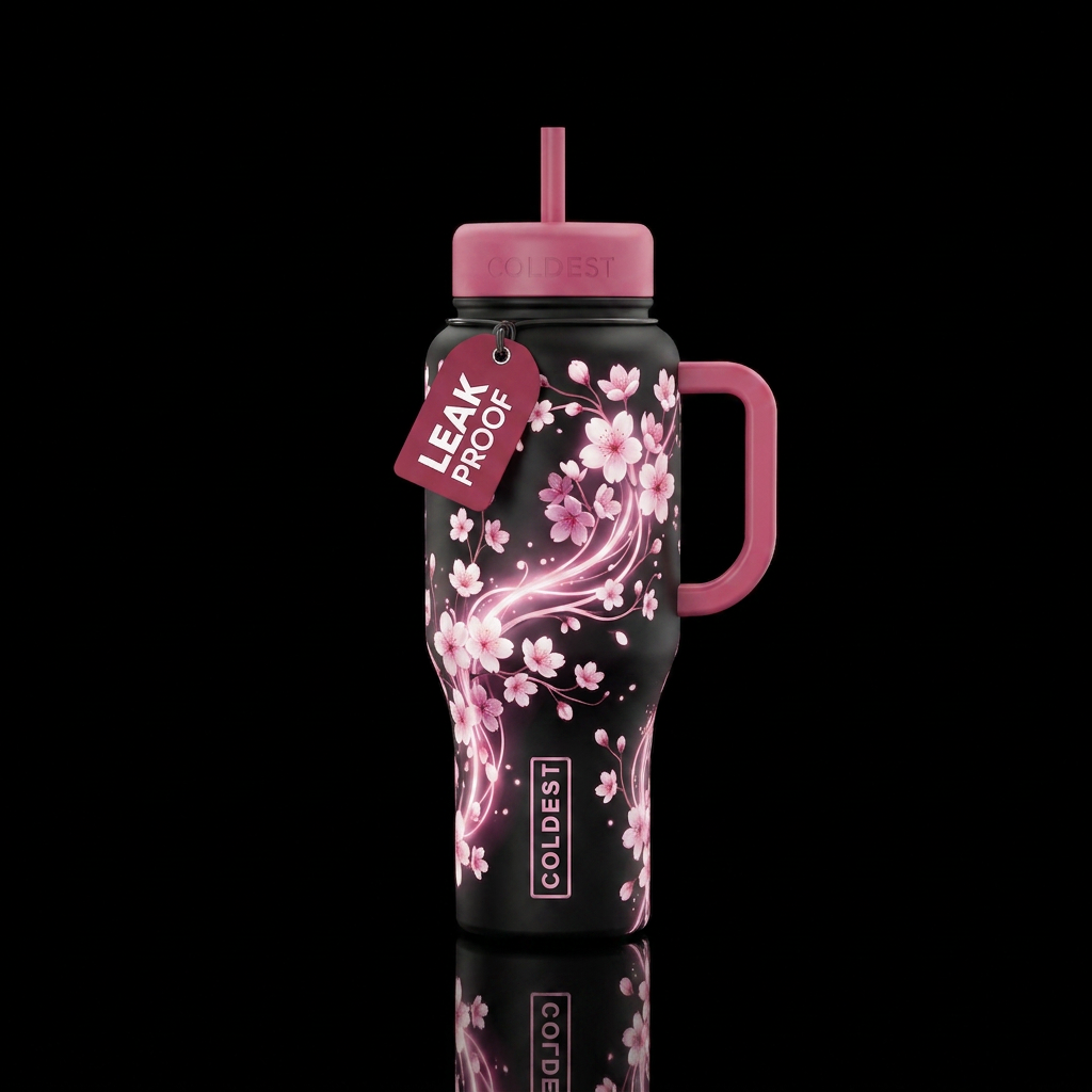 Cherry blossom swirls in light water bottle design