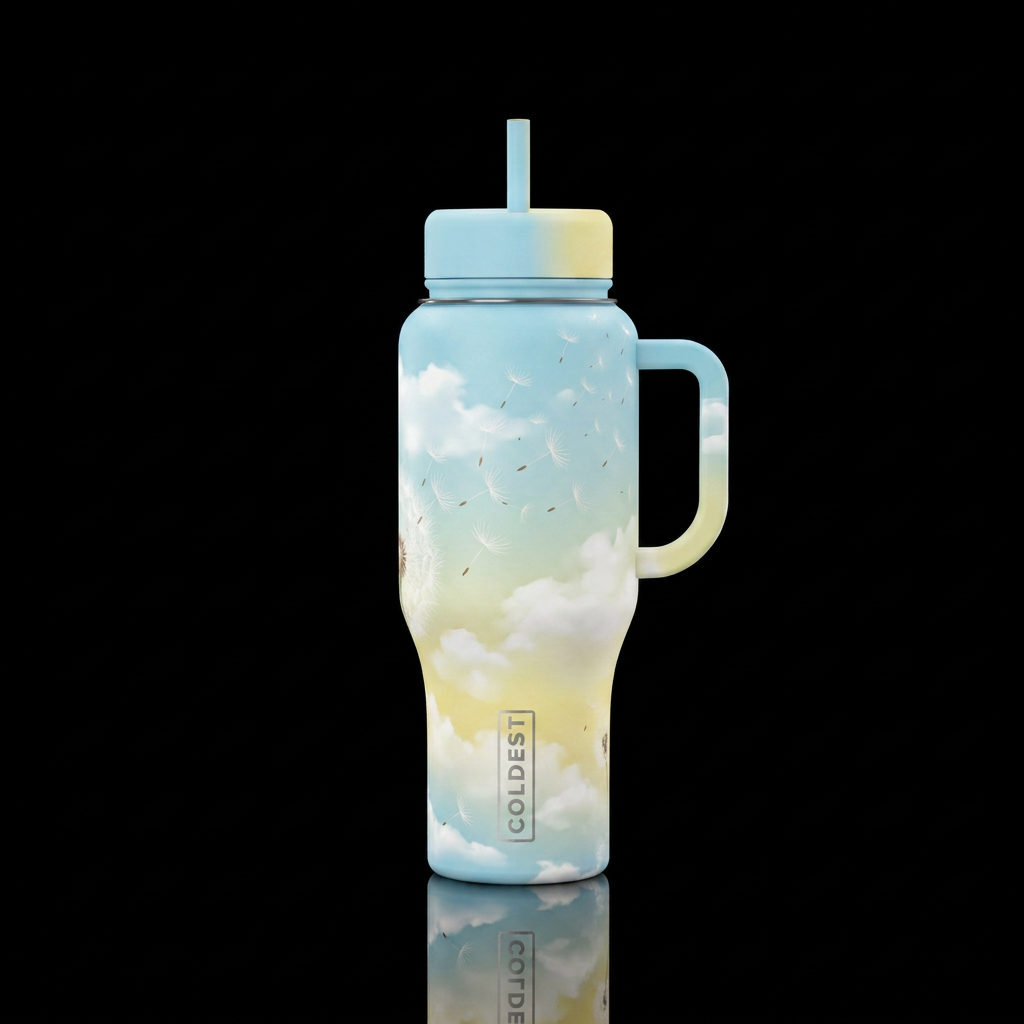 dandelion seeds floating in the soft light blue an... water bottle design