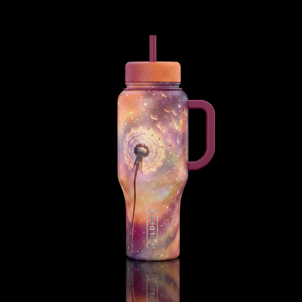 a dandelion puff floating upon a soft sunset spark... water bottle design