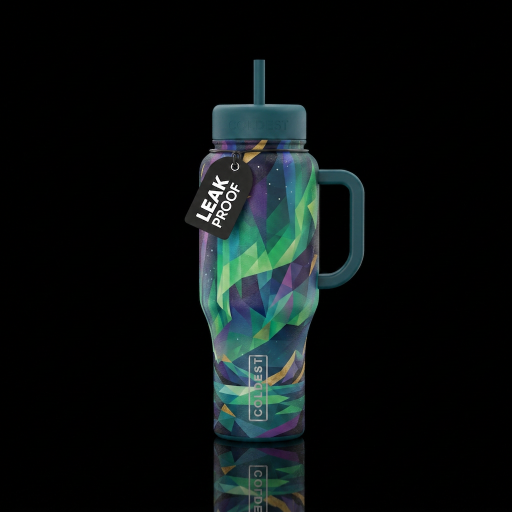 abstract geometric artistic northern lights water bottle design