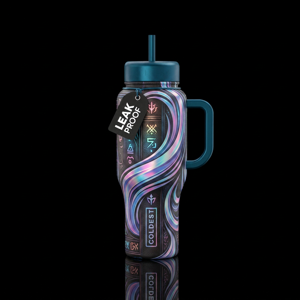 magical book with holographic swirls and pictograp... water bottle design