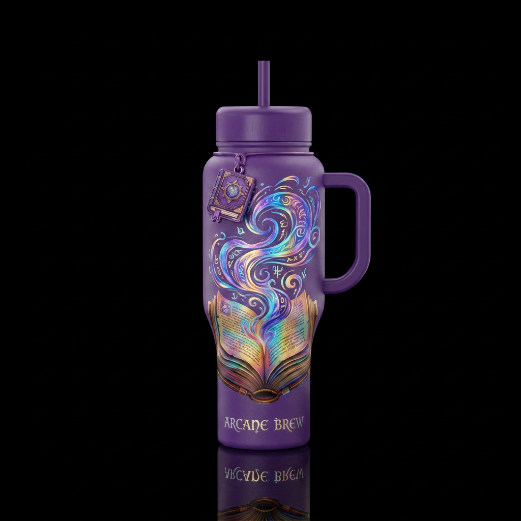 magical open book with holographic swirls coming f... water bottle design