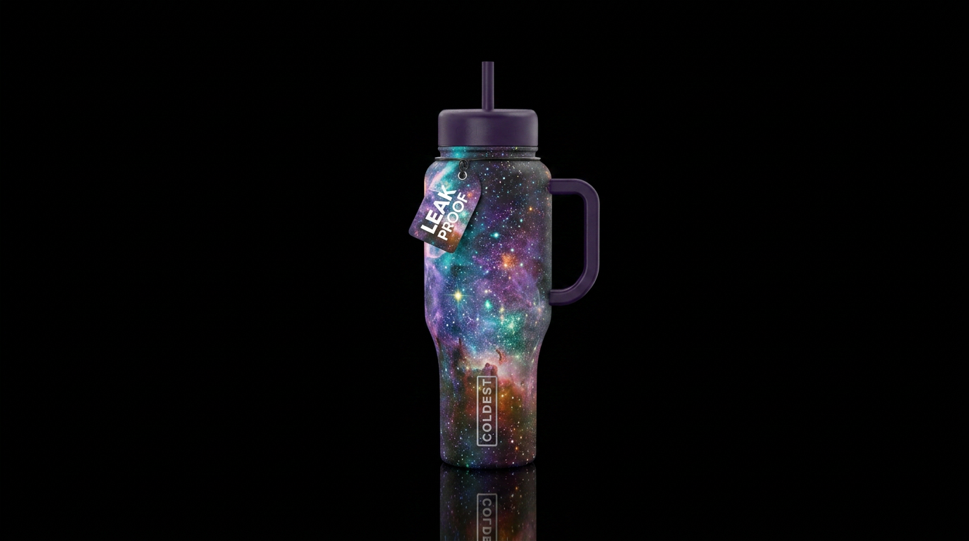 the universe and beyond swirling light and stars t... water bottle design