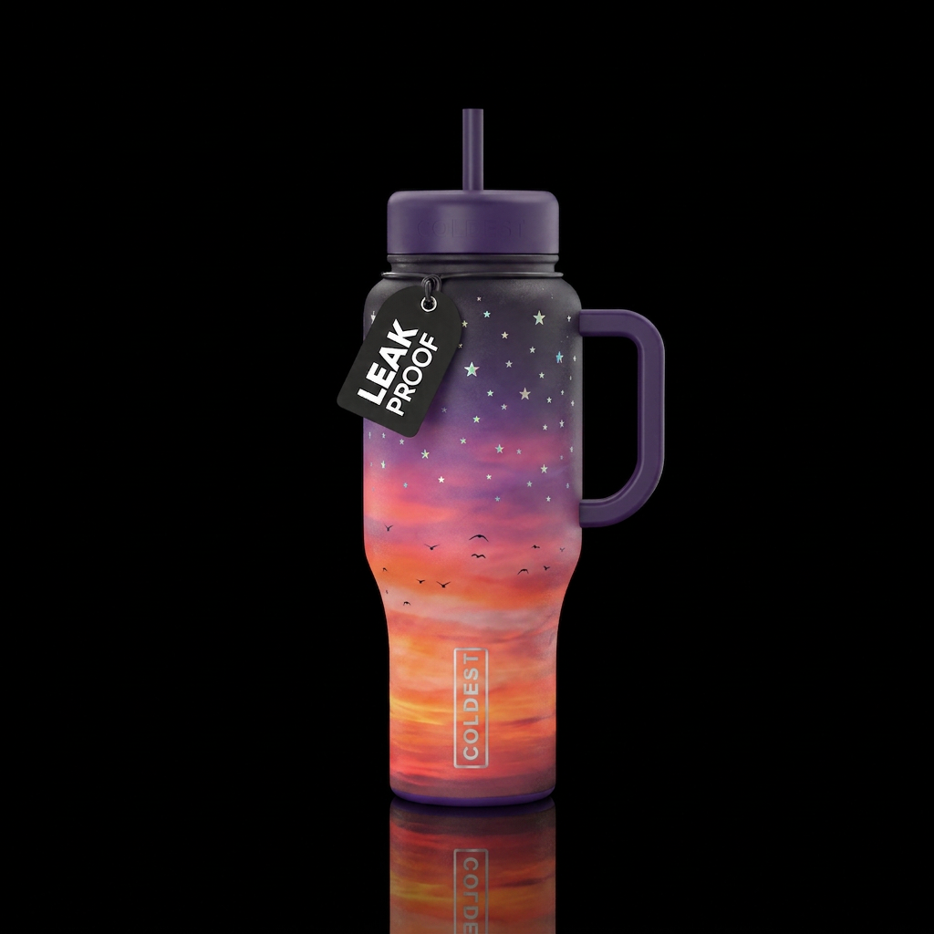 flying birds silhouette in a sunset vibrant sky wi... water bottle design