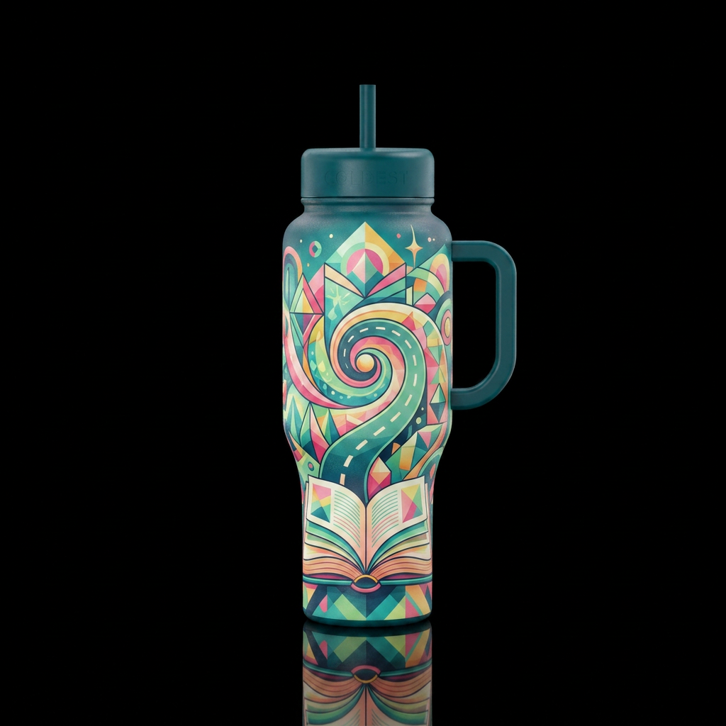 OPEN BOOK WITH ROAD SPIRALING OUTWARD BRIGHT AIRY ... water bottle design