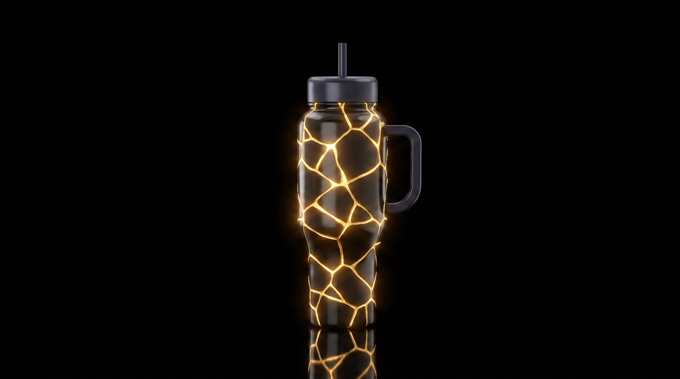 BROKEN BOTTLE WITH GLOWING  GOLD GLUE -LARGE PIECE... water bottle design