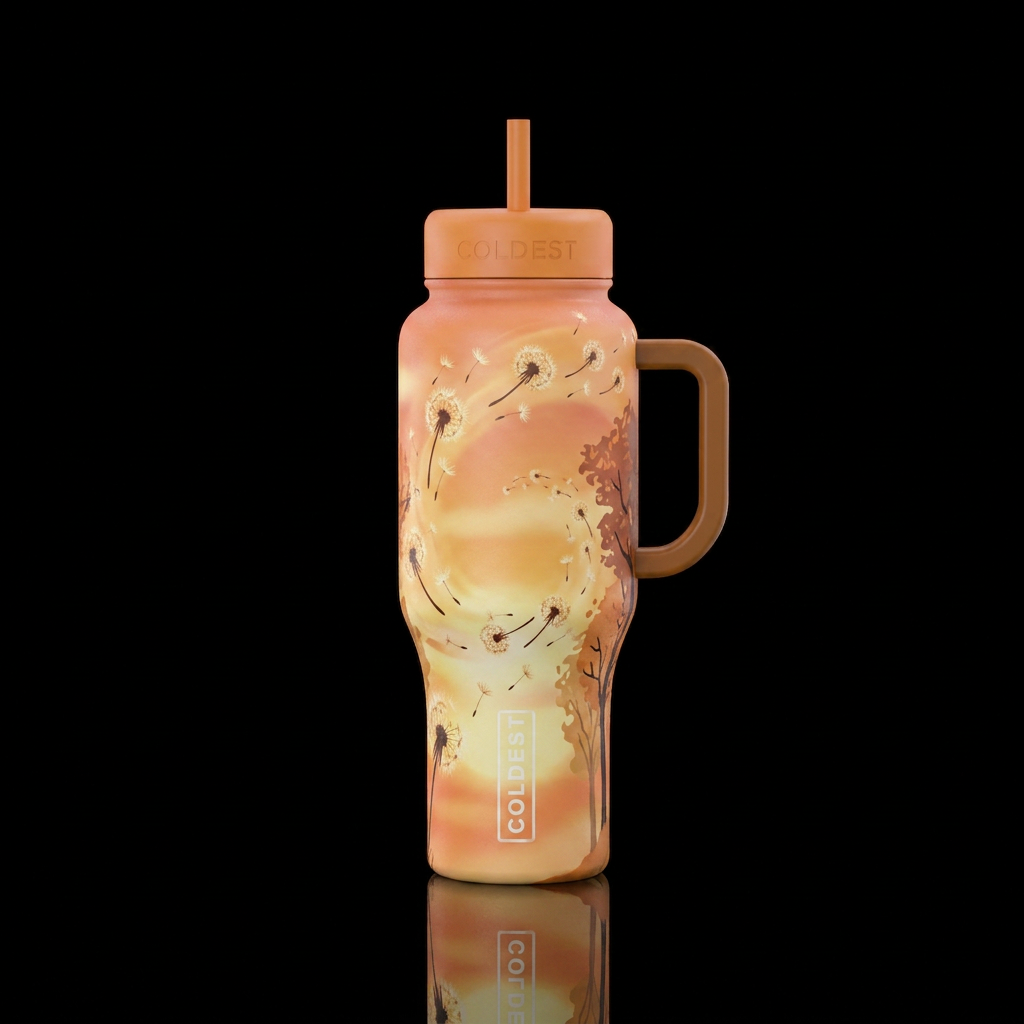 SOFT BACKGROUND OF ORANGY YELLOW SUNSET WITH DANDL... water bottle design