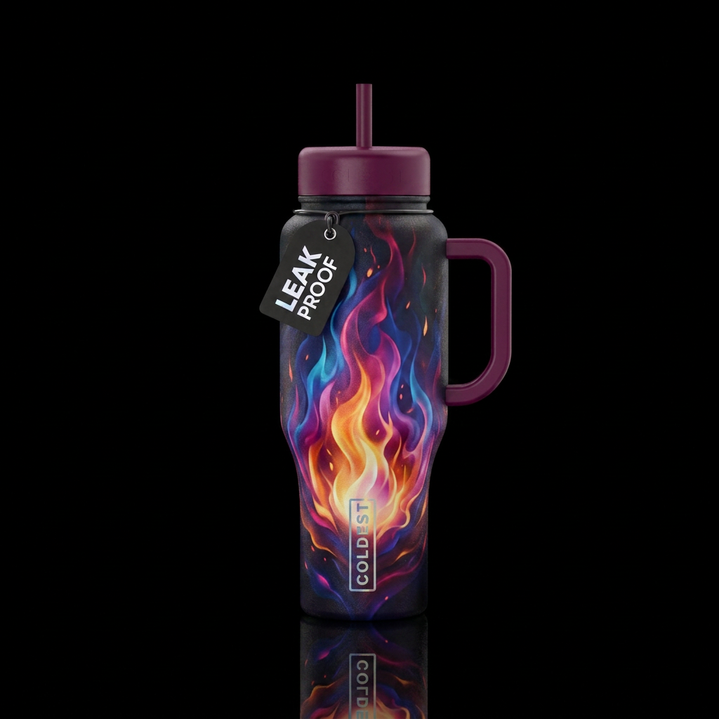 FLAME BURNING BRIGHTLY IN THE COLORFUL DARKNESS water bottle design