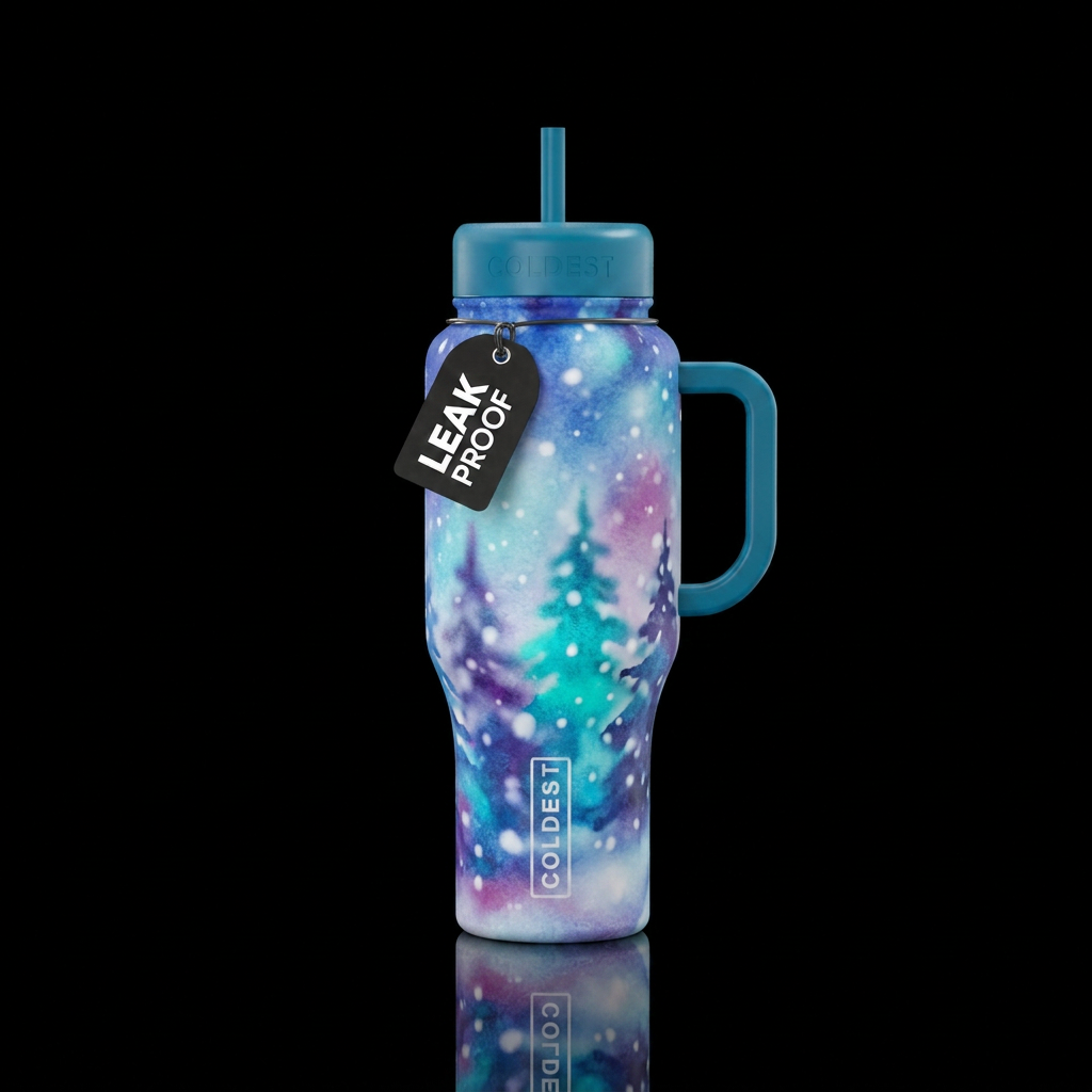 ABSTRACT SNOWY TREES WITH SOFT FLURRIES BLURRED SO... water bottle design