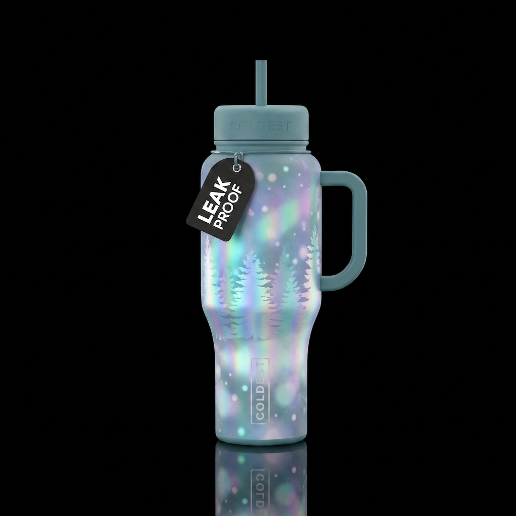 ABSTRACT SNOWY TREES WITH SOFT HOLOGRAPHIC FLURRIE... water bottle design