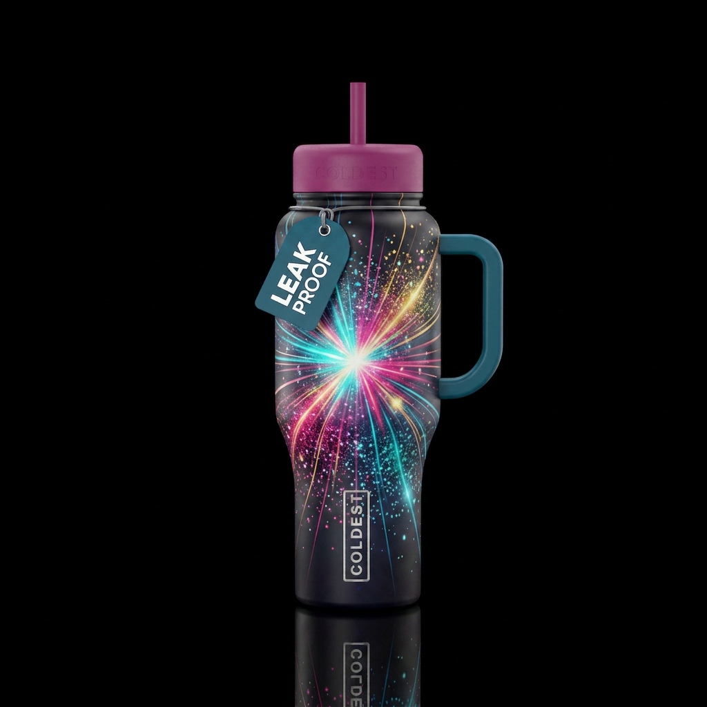 centered bright light with color and sparkles radi... water bottle design