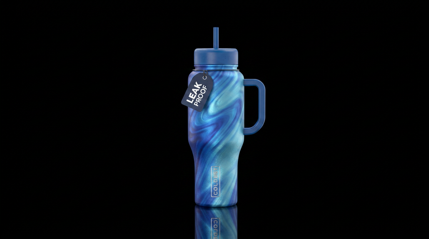 Blue pearlescent swirls dark to light going upward... water bottle design