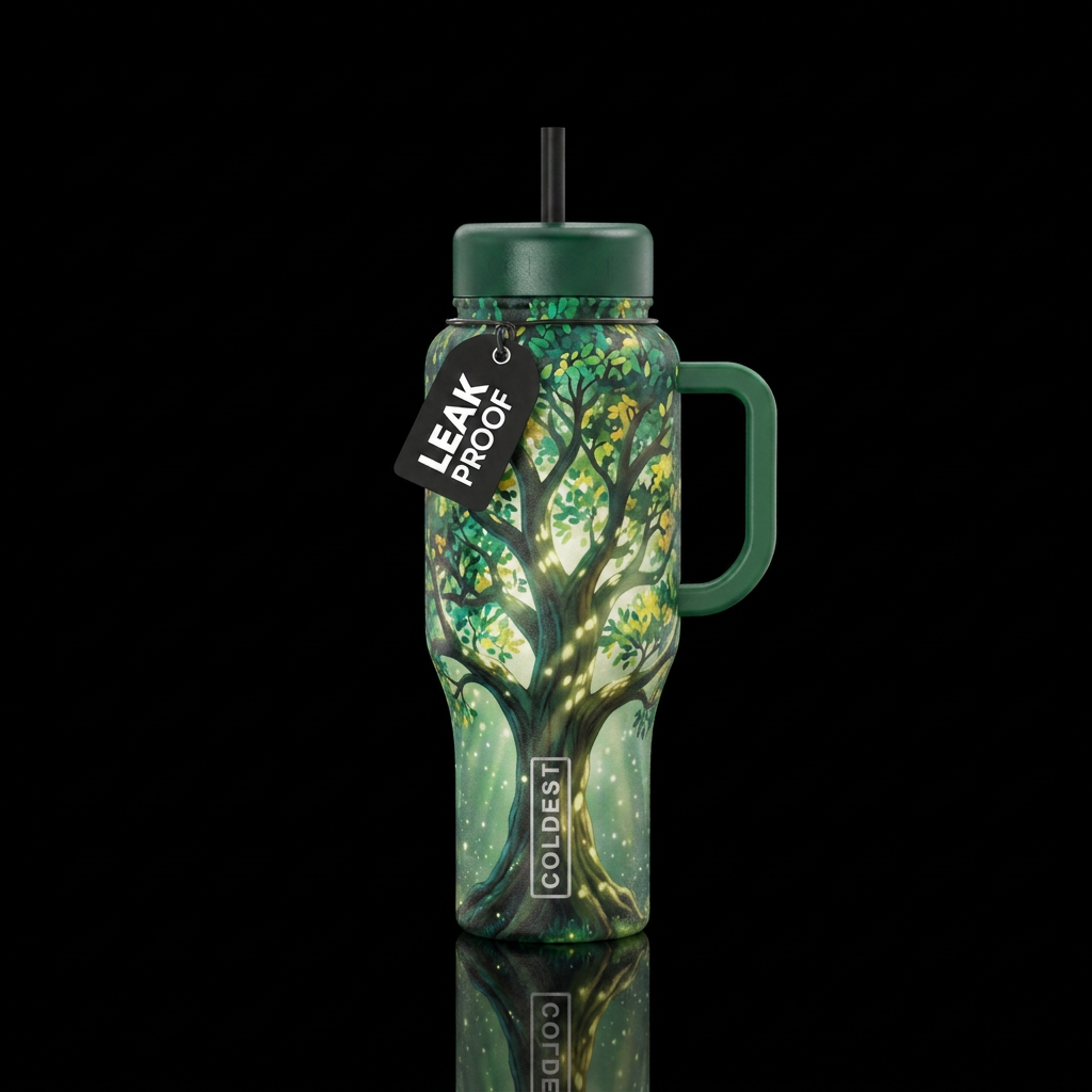 a large majestic tree with spreading branches towa... water bottle design