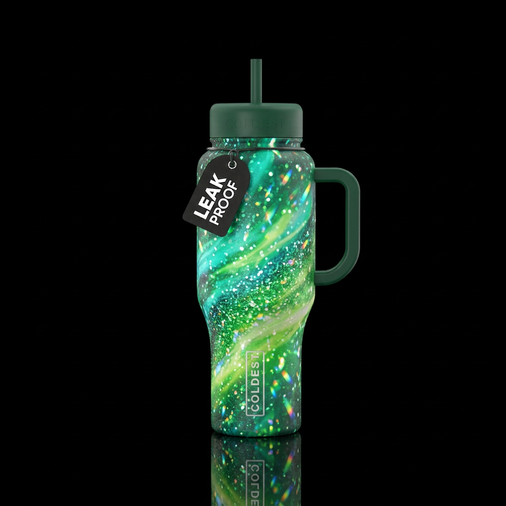 Explosion of greens and sparkles water bottle design