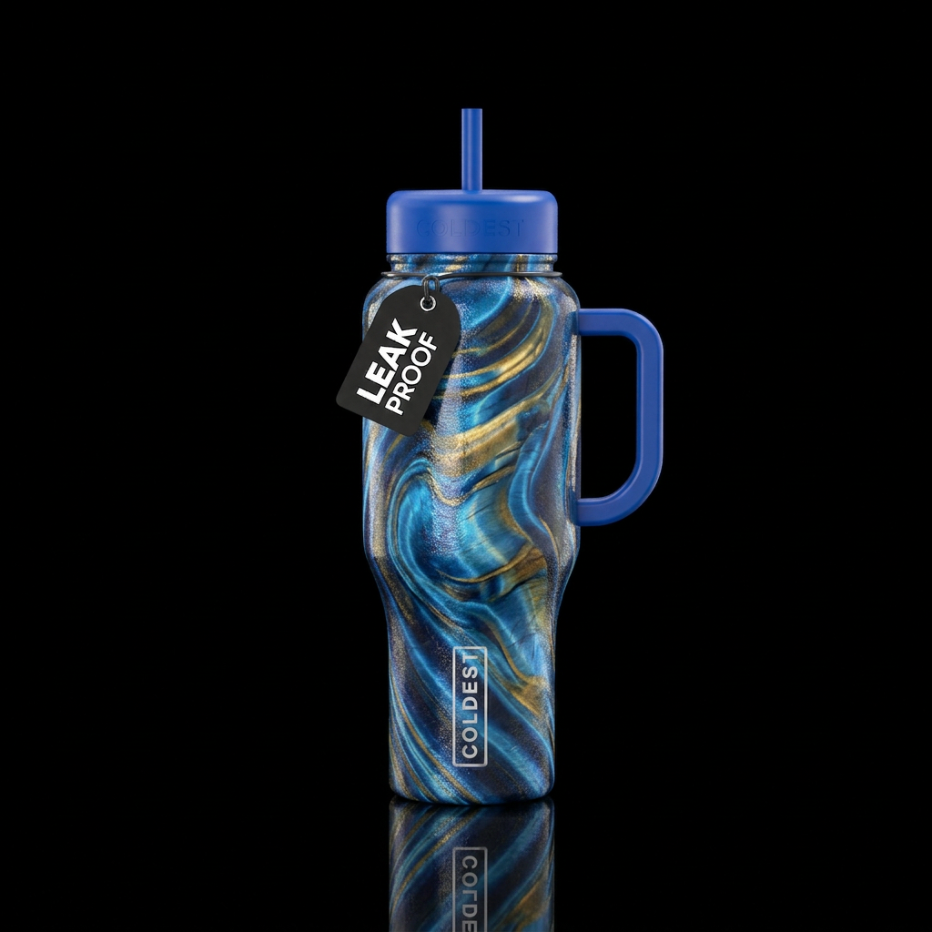 Blue shimmery tiger eye swirl water bottle design
