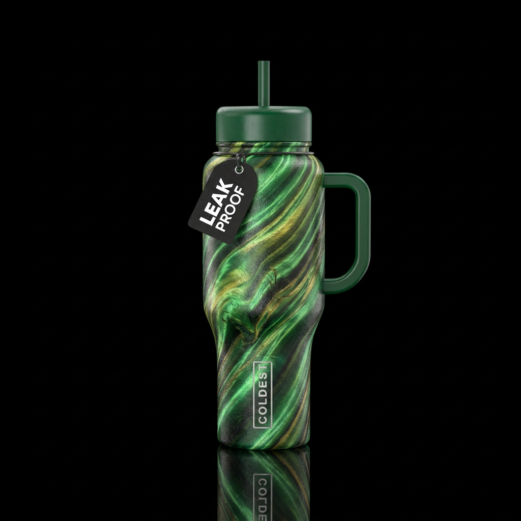 Green tiger eye swirling shimmery water bottle design