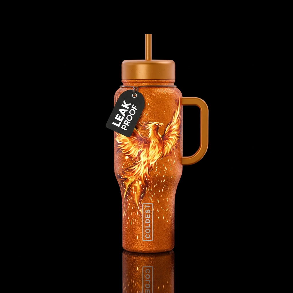 bright sparkly orange background with an abstract ... water bottle design