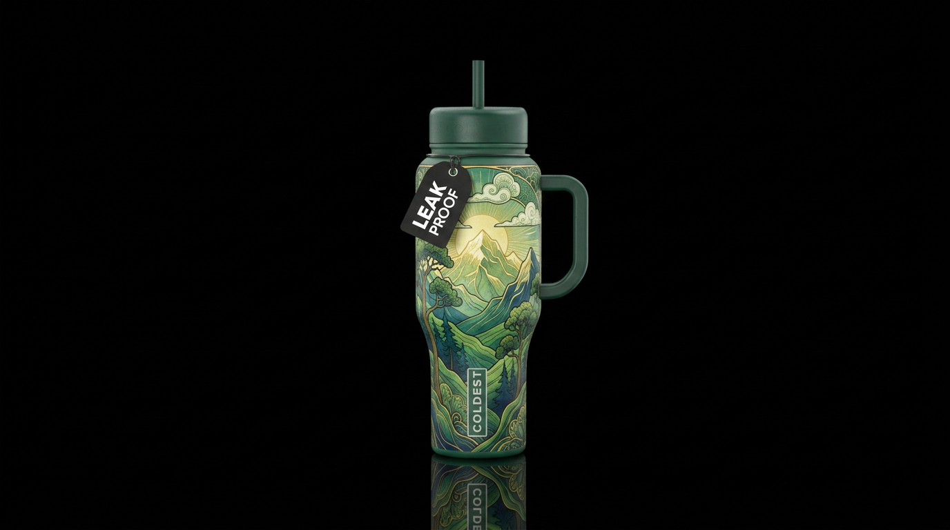 green and blue mountain and tree landscape in Alph... water bottle design