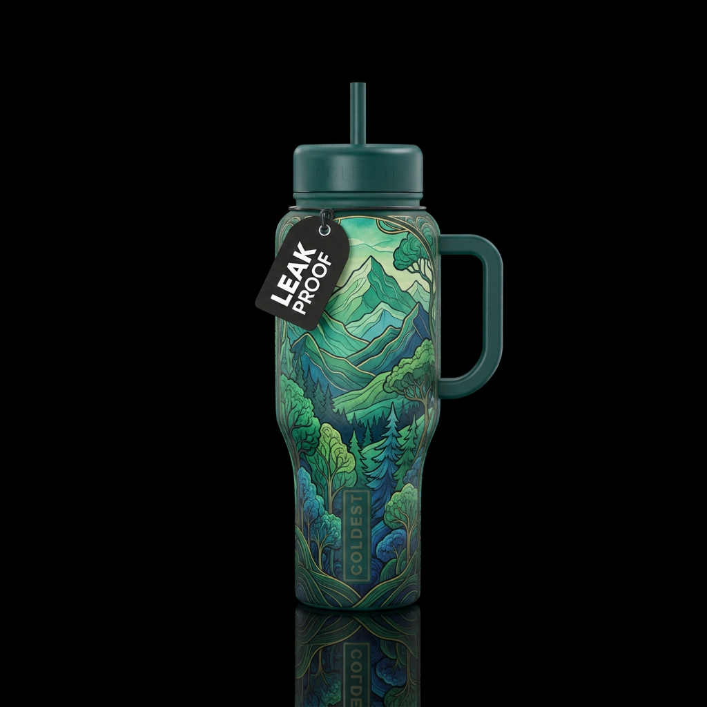 green and blue mountain and tree landscape in Alph... water bottle design