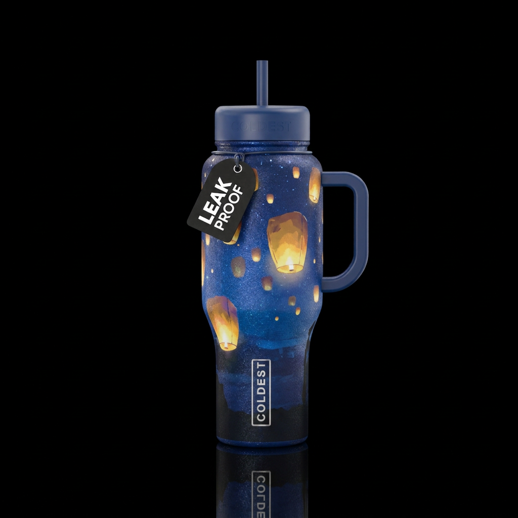 dark blue sparkly sky landscape in silhouette with... water bottle design