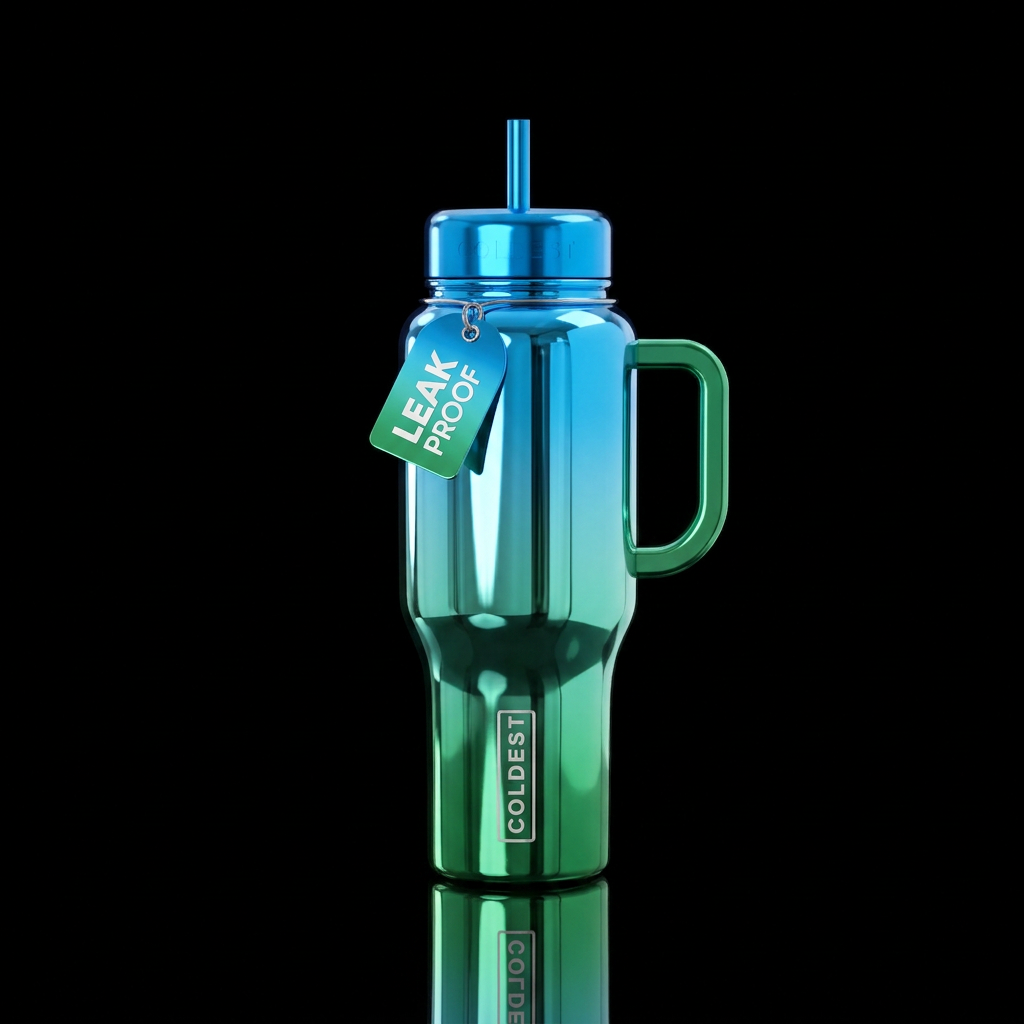 shiny chrome bright blue grading to emerald green water bottle design