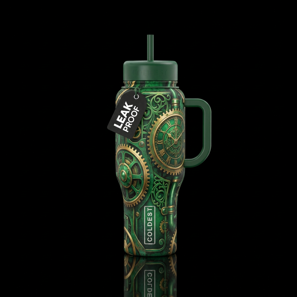 abstract steampunk in all green with edges of gold water bottle design