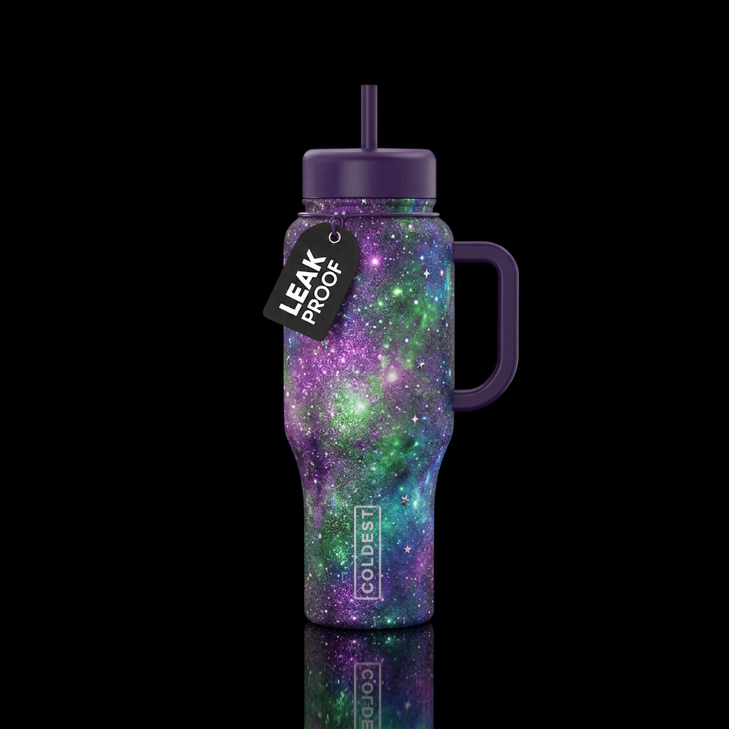 sparkly purple, green , blue background with stars... water bottle design