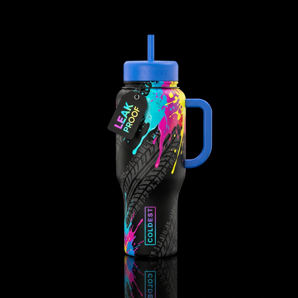 monochromatic background with tire tracks and colo... water bottle design