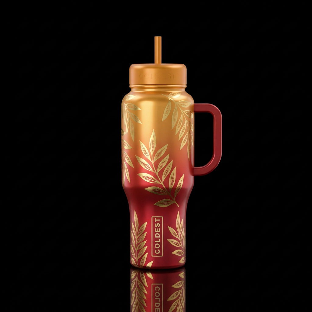 shiny orange grading to red back ground with golde... water bottle design
