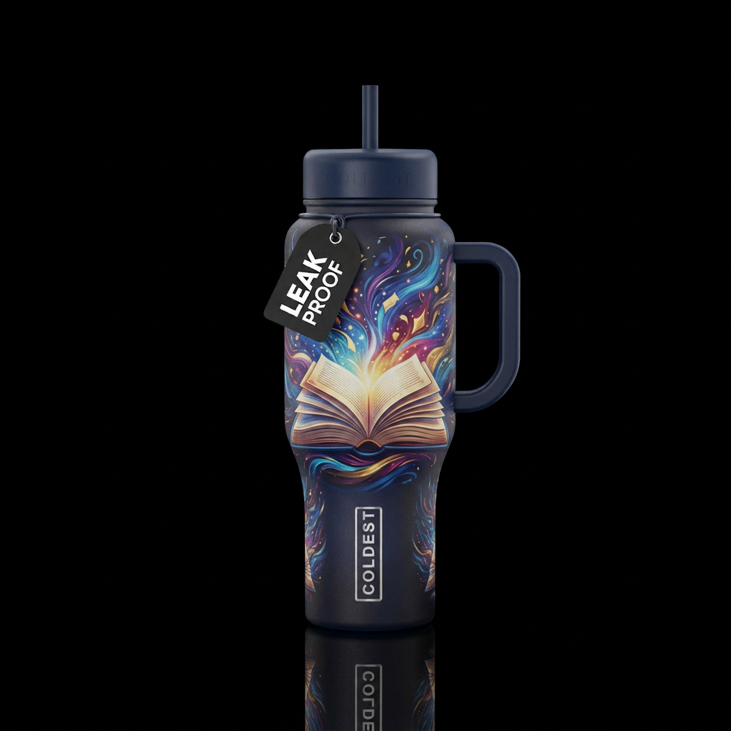 monochromatic background with an open book and pag... water bottle design