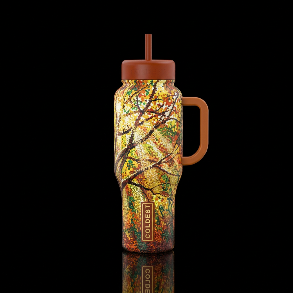 LIGHT FILTERING THRU FALL TREE BRANCHES IN ABSTRAC... water bottle design