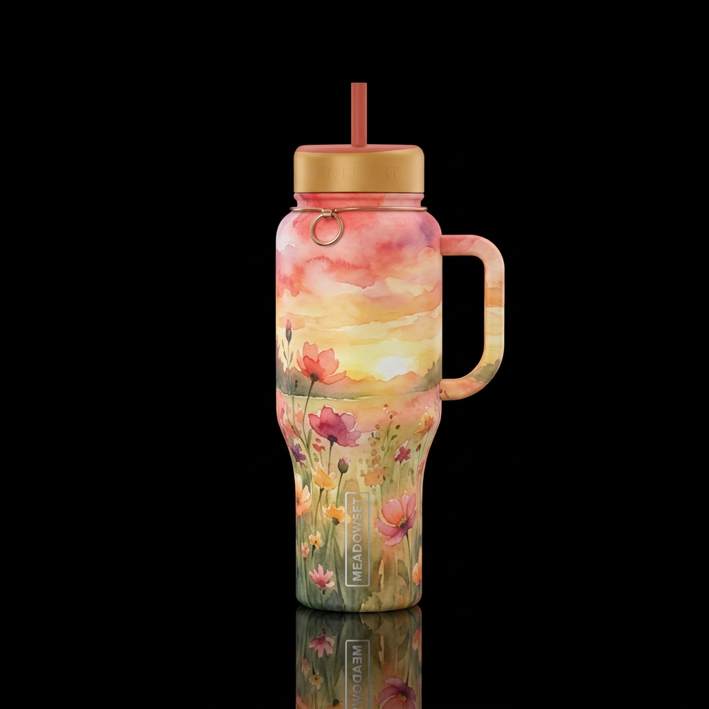watercolor landscape with a meadow and sunset water bottle design