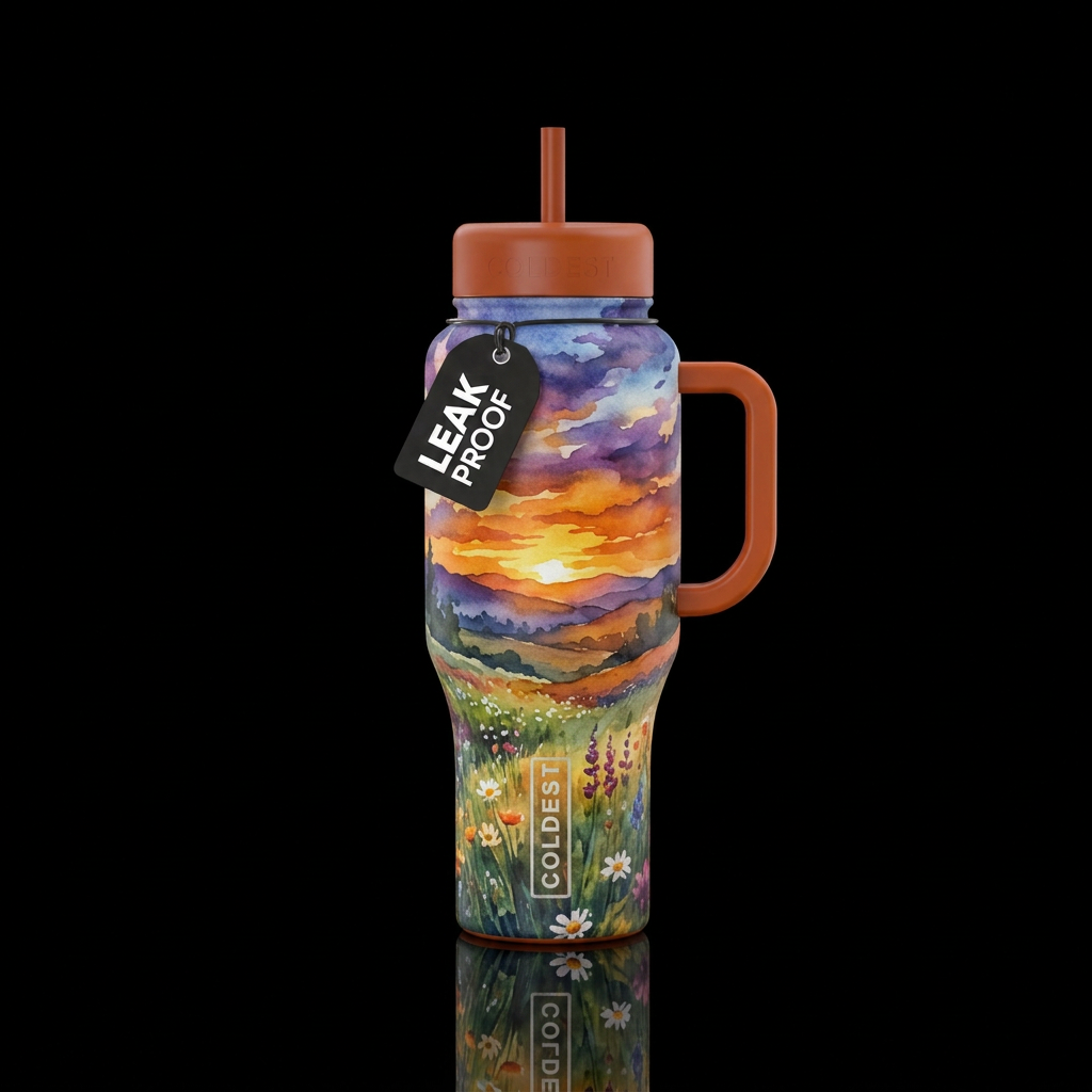 watercolor landscape with a meadow and sunset water bottle design