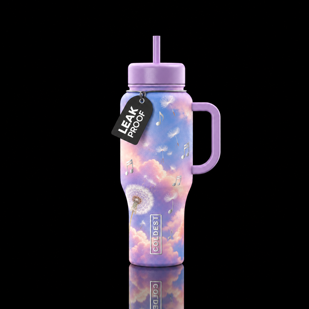 pastel colored sky with fluffy clouds and dandelio... water bottle design