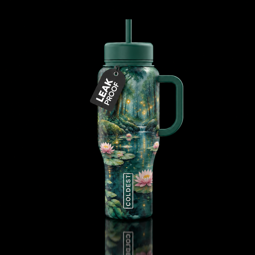 pond with lillies deep in the forest with fairy li... water bottle design