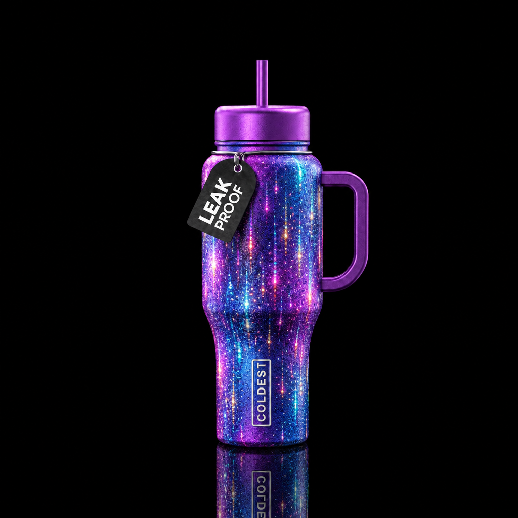 PUPLE AND BLUE WITH MULTICOLORED RAIN SPARKLE AND ... water bottle design