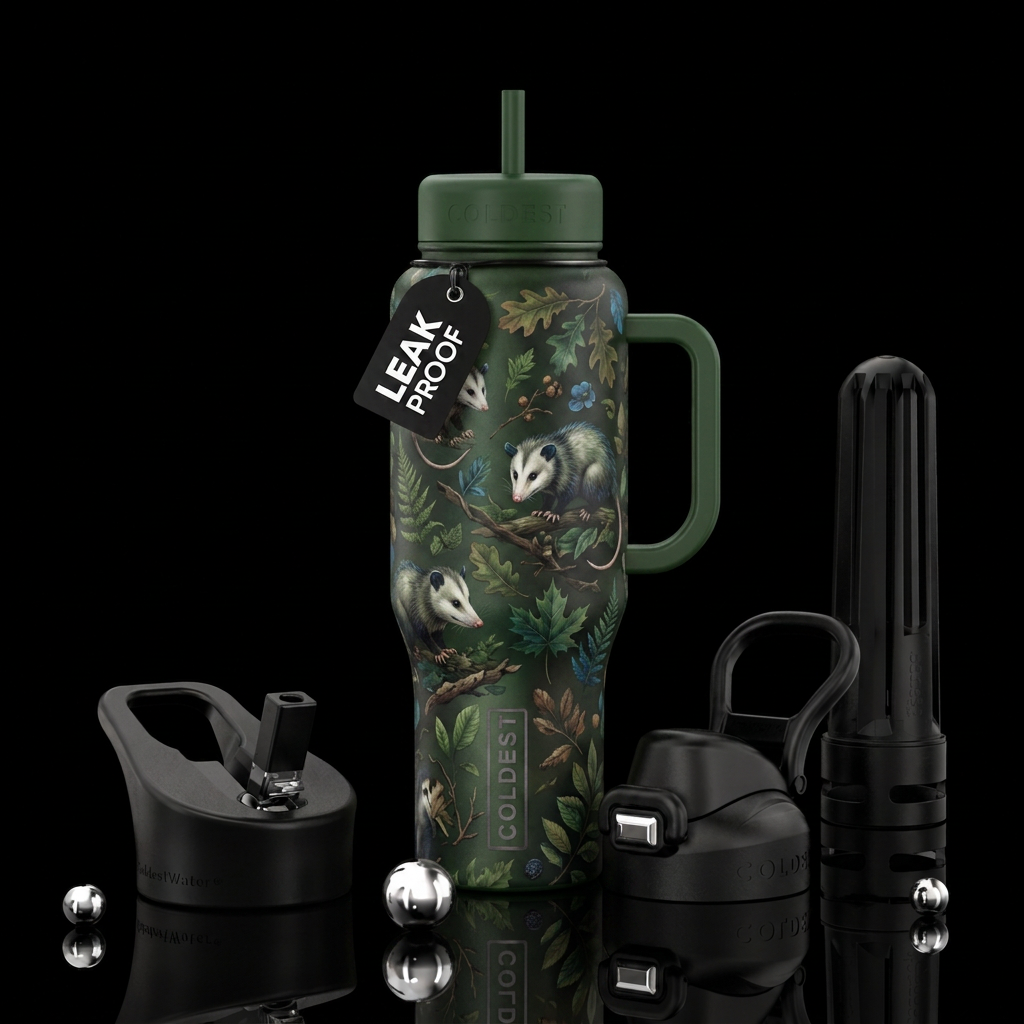 possum, earthy, greens and blues water bottle design