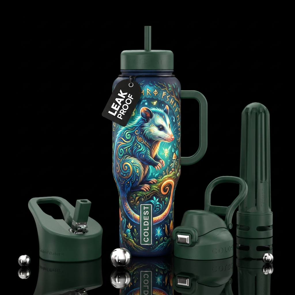 large possum, playful background, mythical style water bottle design