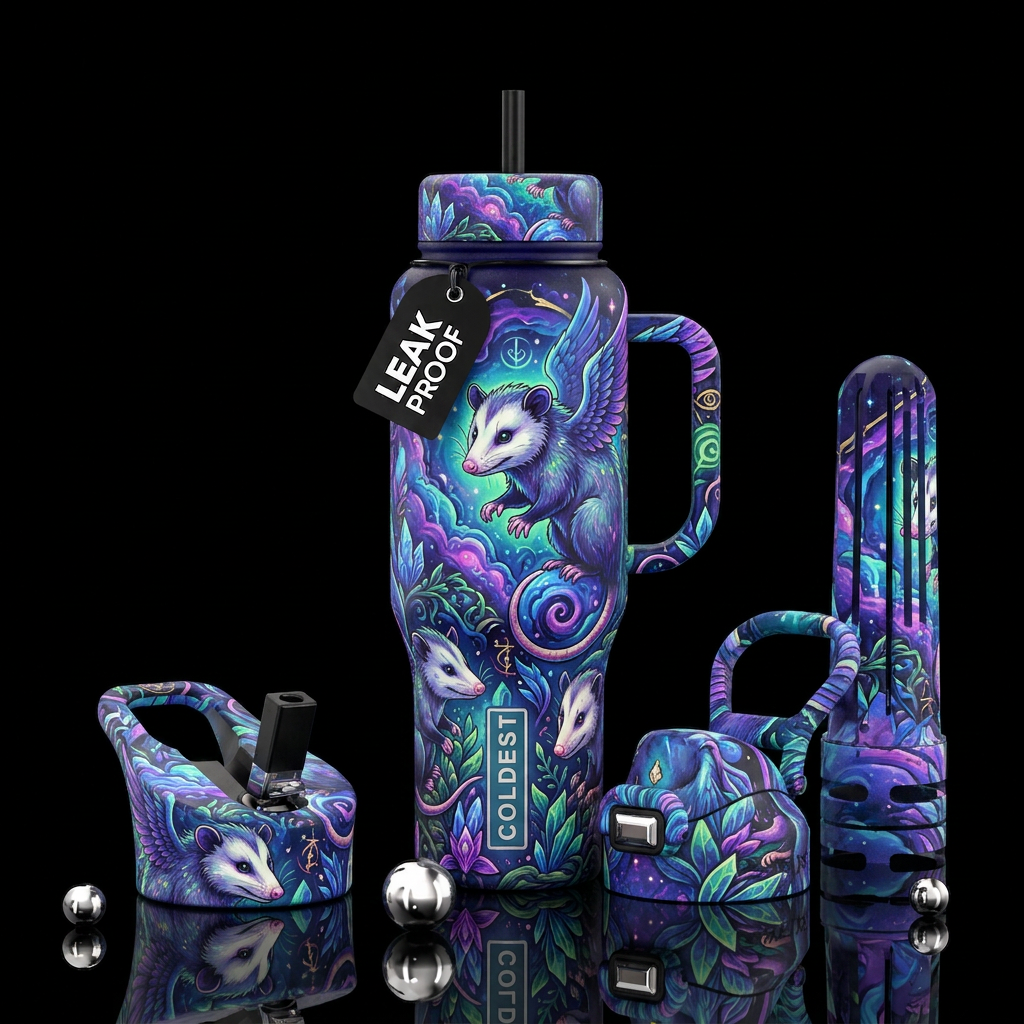large possum, playful background, mythical style water bottle design