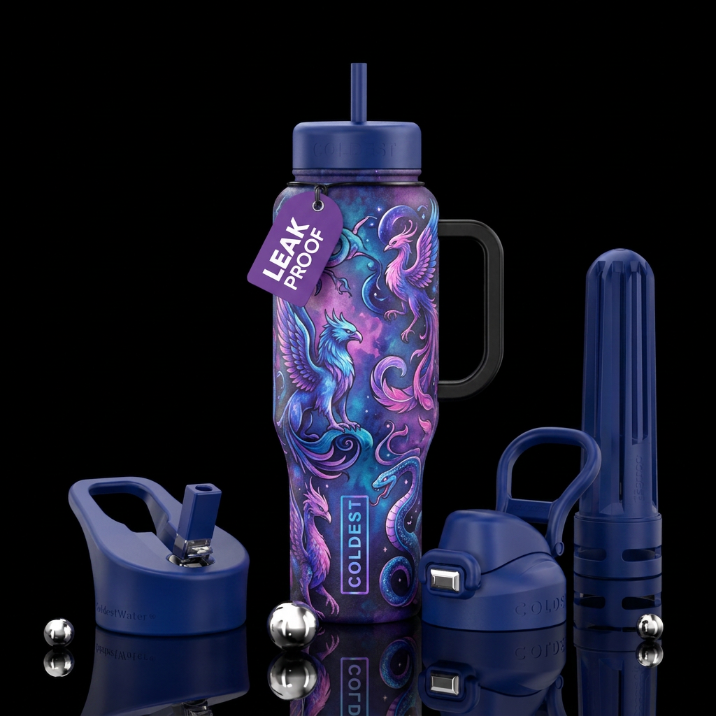 magical, blue, purple, pink, mystical creatures water bottle design