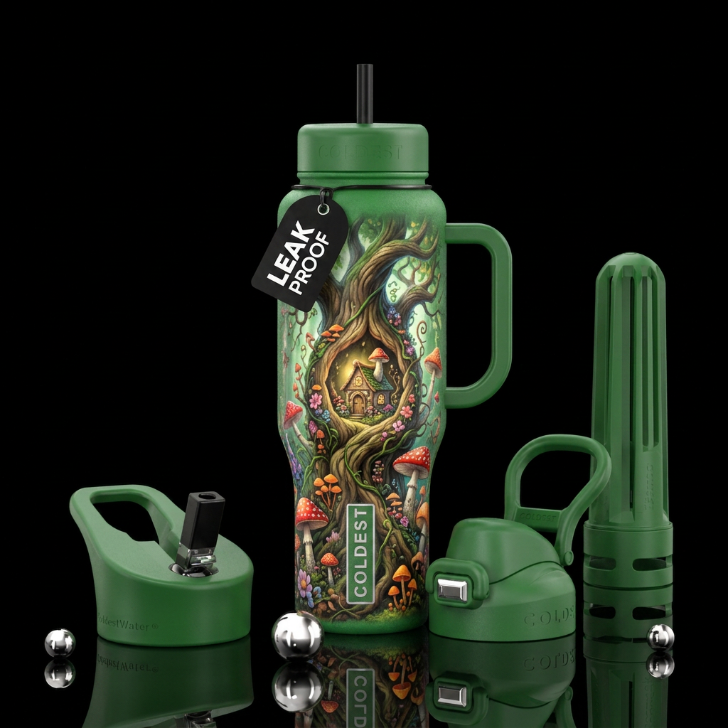Green matte bottle, large whimsical tree with a ho... water bottle design