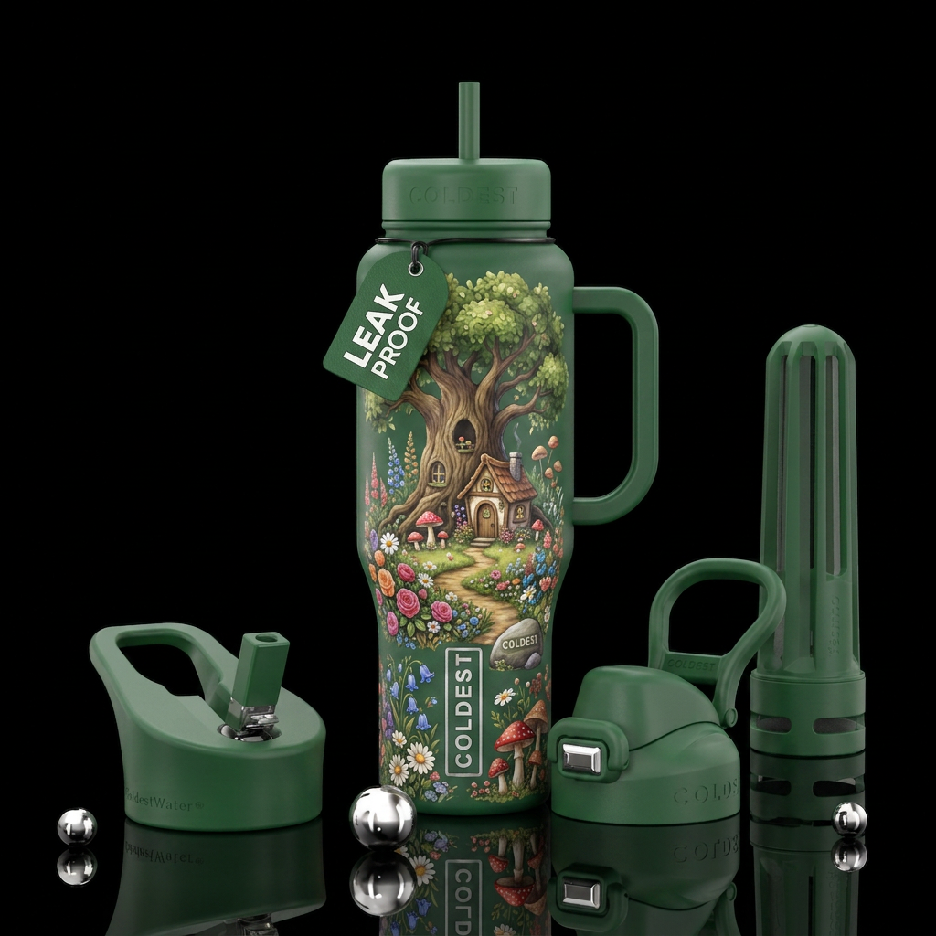 Green matte bottle, large whimsical tree, hole in ... water bottle design