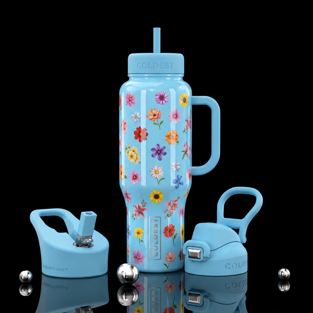 Glossy light blue bottle, in a uniform pattern pla... water bottle design
