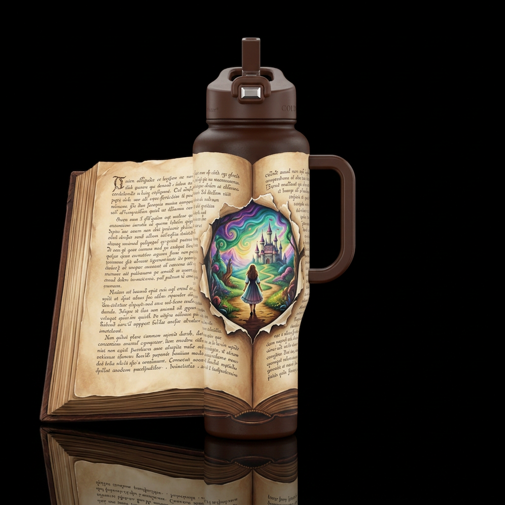 Brown bottle, large open book on whole front with ... water bottle design