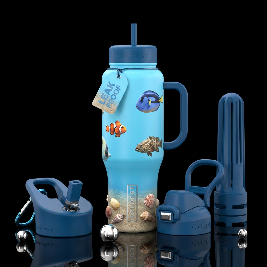 Light blue bottle, underwater sand on bottom with ... water bottle design