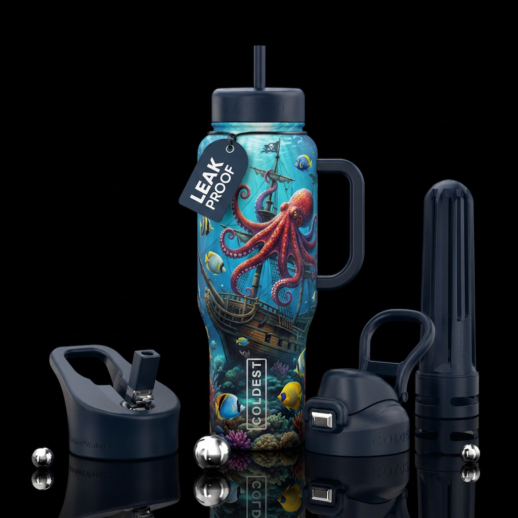 Sunken pirate ship with an octopus and other fish ... water bottle design