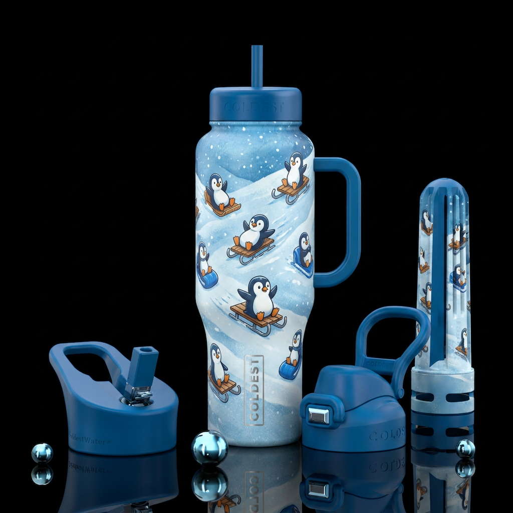 Snowy looking bottle with different cartoon pengui... water bottle design