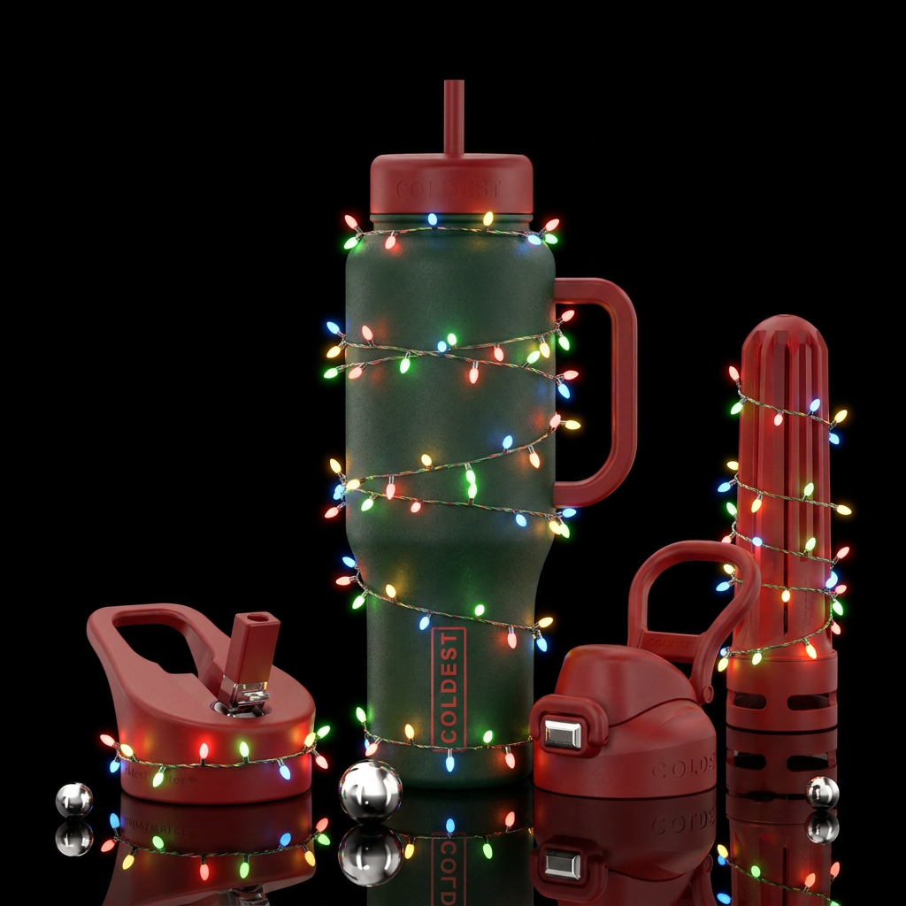 Dark green bottle red lid and handle, string of Ch... water bottle design